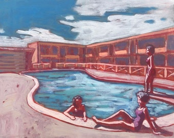 ORIGINAL  - Pool #33 - Original Acrylic Painting on Canvas 20 x 16, michael van, mid century modern, retro, blue, women, bathing, swimming