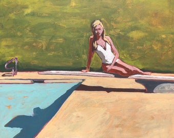 ORIGINAL  - Woman on Diving Board #2 - Original Painting on Canvas, 20 x 16 - retro, pool, bathing suit, blonde, summer, michael van, small