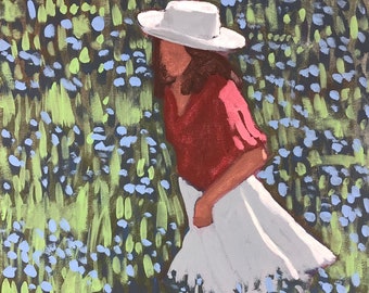 ORIGINAL  - Woman in Field #20 - Original Acrylic Painting on Canvas 12 x 16 - fine art, figurative, dress, michael van, bluebonnets