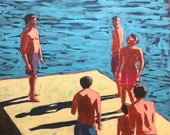 Men on Dock - Original Acrylic Painting on Found Wood 28.5 x 26.5, large, unique, michael van, yellow, blue, boys, ocean, waves, sea