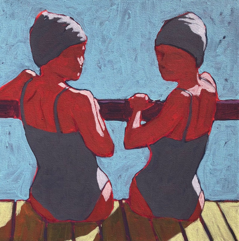 ORIGINAL Swimmers 2 Original Acrylic Painting on Canvas 14 x 14 michael van, summer, mcm, retro, women, swim cap, bathing suit image 1