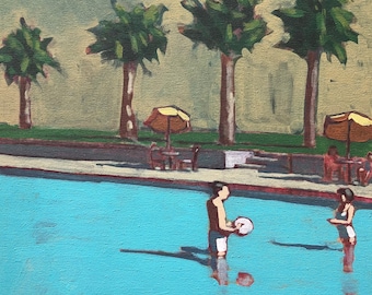 Pool #112 - Original Acrylic Painting on Canvas 18 x 24, woman, swimming, summer, michael van, palm springs, retro, modern, figure, art, man