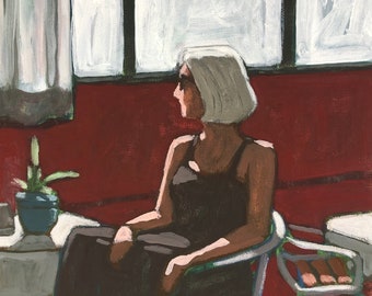 ORIGINAL - Woman in Café #2 - Original Acrylic Painting on Canvas 10 x 10, michael van, coffee, red, modern, gallery wall, small, fine art,