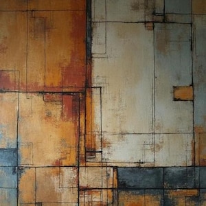 May include: Abstract geometric painting with a textured surface. The artwork features a grid-like composition of rectangles and squares in shades of orange, brown, and gray, with black lines defining the shapes. The overall effect is a modern, minimalist aesthetic.