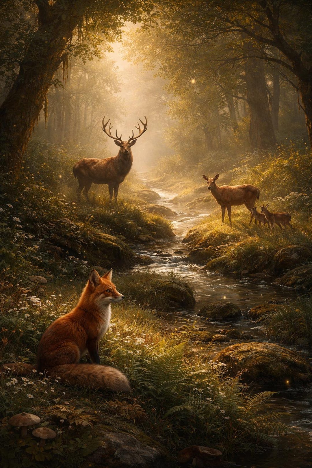 Woodland Wildlife Wall Art Printable, Deer Fox Forest Stream Art ...