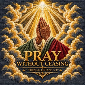 Puede incluir: Una pieza de arte mural texturizada que muestra dos manos juntas en oración, cubiertas con tela verde y roja. Arriba, rayos de luz dorados emergen de las nubes. El texto dice PRAY WITHOUT CEASING y 1 THESSALONIANS 5:17 en letras doradas.