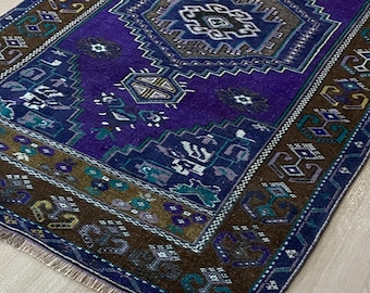 Vintage Turkish Oushak Rug, 3x6 Blue Brown Wool Handmade Carpet