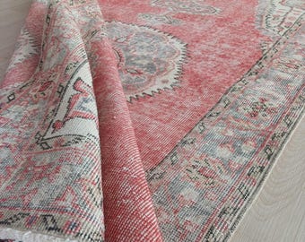Coral Red Vintage Turkish Wool Area Rug Hand Knotted Blue Accent Carpet 4x7