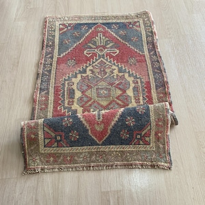 2x4 Turkish Mini Rug, 2x4 Hand Knotted Vintage Rug, Wool Rug, Red Blue Oriental Rug, Rugs for Entryway, Bedroom Kitchen Door Mat, FT:1.7x3.7