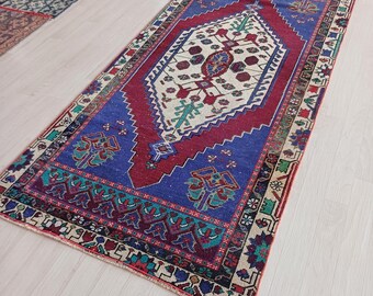 3x7 Cobalt Blue Burgundy Vintage Turkish Wool Rug, Handwoven Area Carpet for Living Room