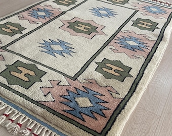 Cream Pastel Pink Vintage Turkish Rug 3x4 Handwoven Wool Area Carpet