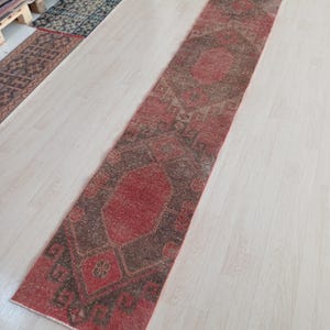 2x12 Red Brown Vintage Runner, 2x12 Hand Knotted Turkish Runner, Oriental Wool Rug Runner, Runner for Entryway, Hallway Kitchen, FT:1.9x11.8