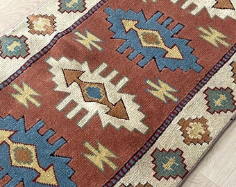 2x8 ft Vintage Handwoven Wool Runner Rug, Geometric Medallions, Terracotta Blue Beige