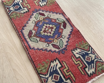 1x3 Small Vintage Handmade Turkish Rug, Wool Oriental Decor Pinl Blue Green