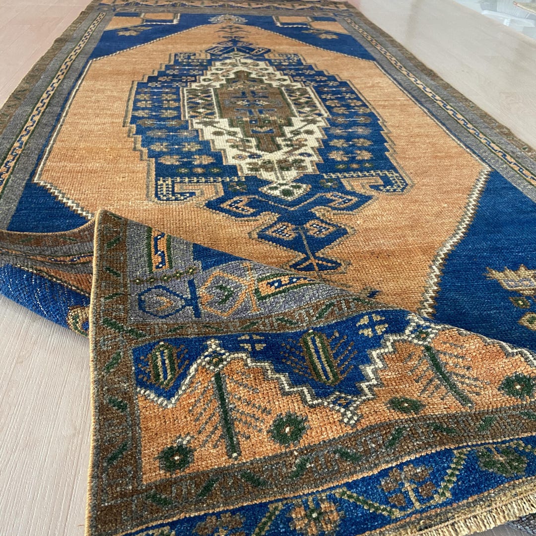 3x8 Blue Terracotta Turkish Runner, Handwoven Wool Oriental Rug ...