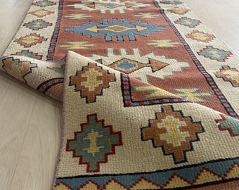 Vintage Hand Knotted Turkish Wool Runner Rug, Red and Blue, 2x8