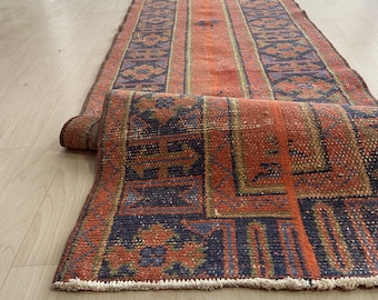 Hand Knotted Turkish Wool Runner Rug, Red and Blue Vintage Style (2x11)