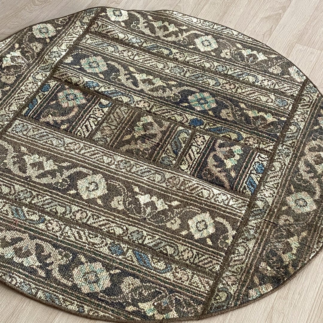 3x3 Beige Brown Vintage Wool Floral Round Turkish Rug - Etsy