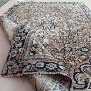 Antique Wool Rug, 3x5 Hand Knotted Vintage Rug, 3x5 Beige Blue Faded Red Rug, Rugs for Bedroom, Living Room Entryway Office Rug, FT:3.4x5.0
