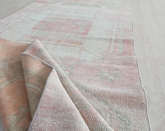 Handmade Turkish Wool Runner Rug, Red Beige Geometric Hallway Rug (2.3x11.5 FT)