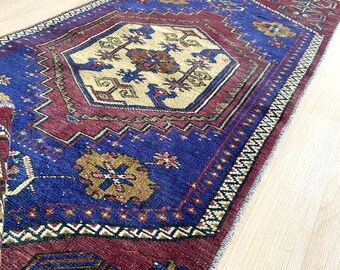 2x6 Navy Blue Purple Vintage Handwoven Turkish Wool Runner Rug for Hallway Kitchen Kilim