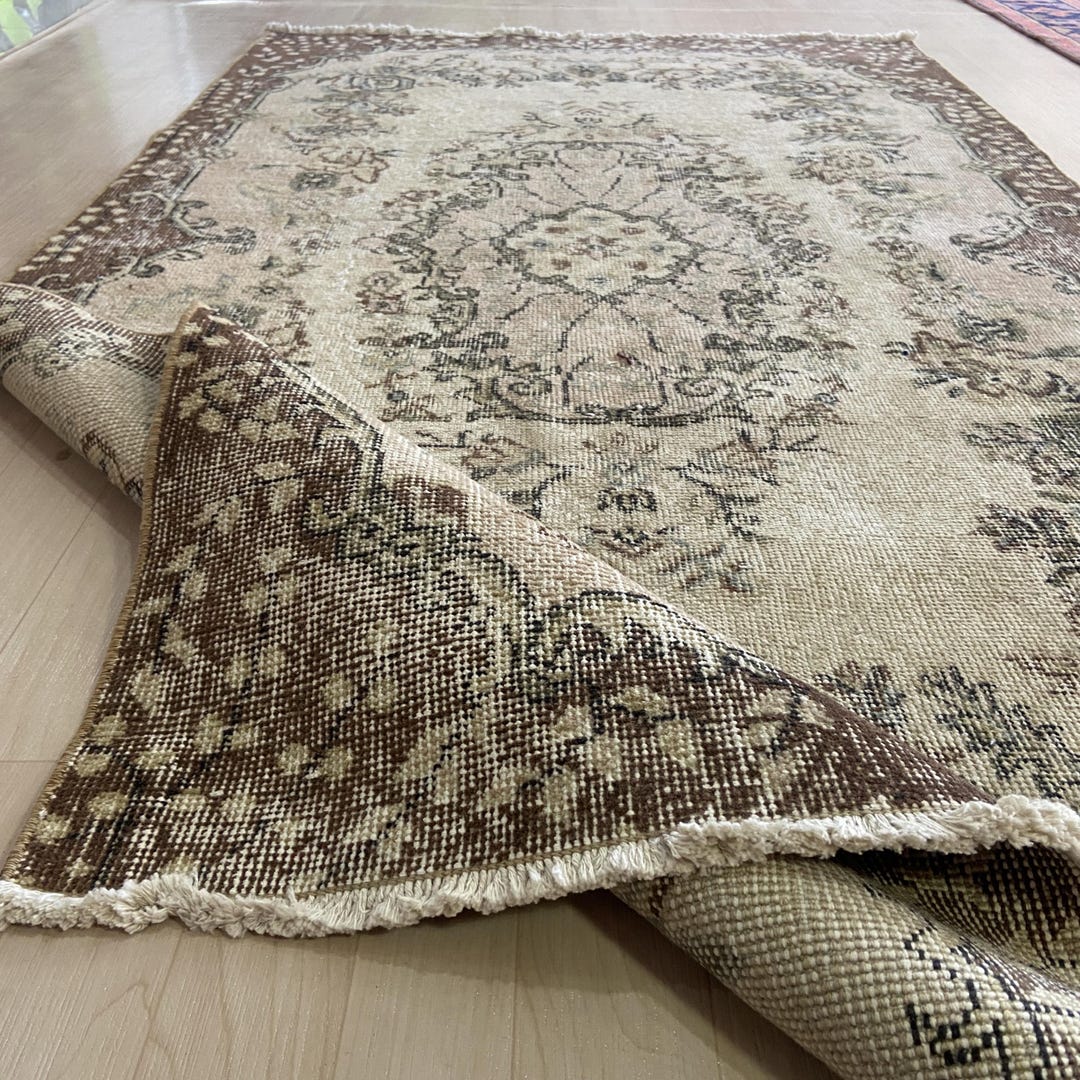 3x7 Beige Brown Farmhouse Rug, Hand Knotted Turkish Rug, Wool Vintage ...