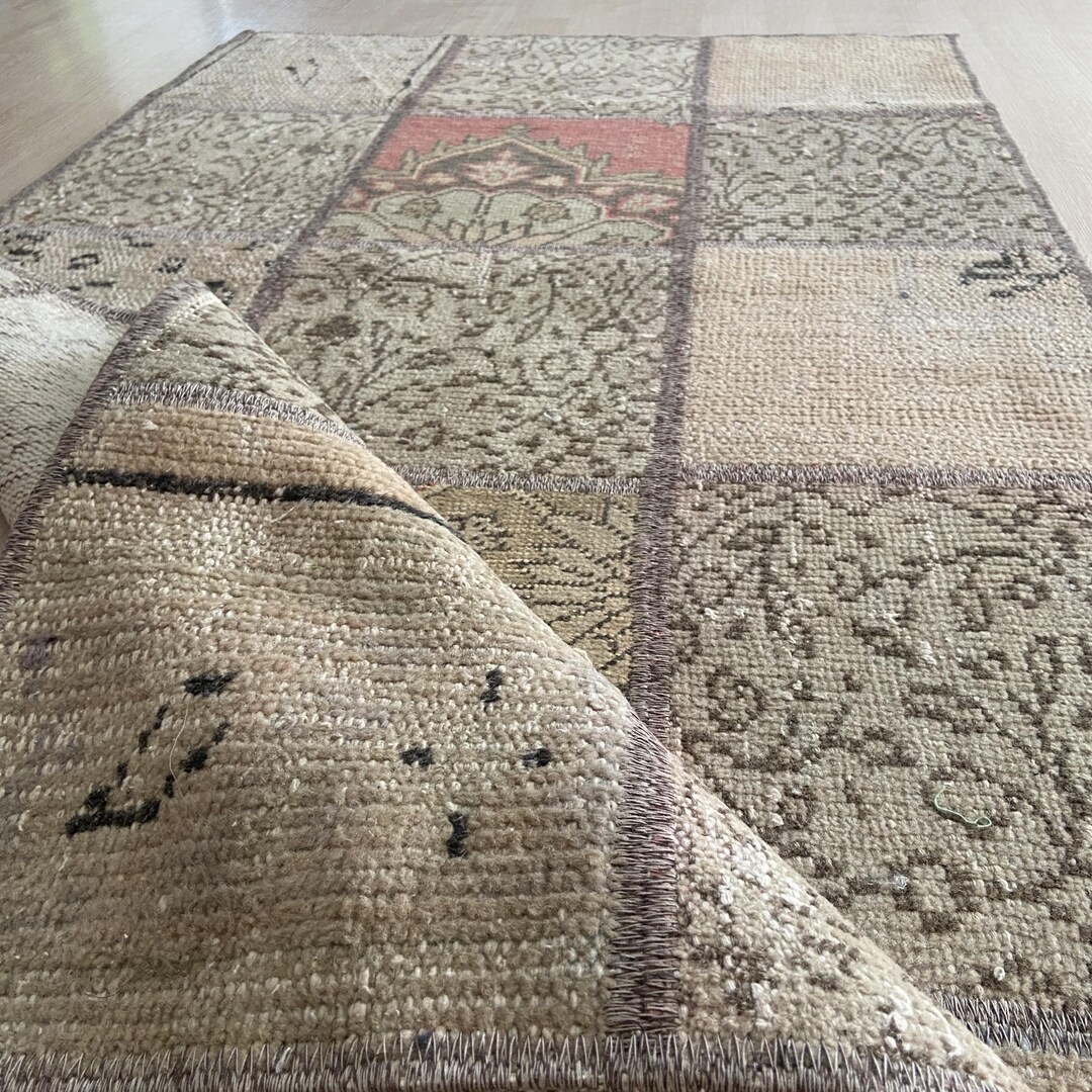 Hand Knotted Turkish Wool Rug: 3x5 Vintage Patchwork Area Rug - Etsy