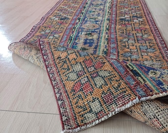 2 x 8 handgeknoopte Turkse loper, 2 x 8 wollen vintage loper, blauworanje loper, halloper, keuken slaapkamer woonkamer vloerkleed, FT: 2,4 x 8,1