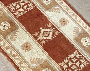Terracotta Rust Vintage Turkish Runner Rug Handmade Wool Beige Hallway Carpet 3x9