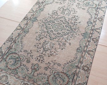 Handmade 6x9 Vintage Turkish Wool Rug, Oriental Green Beige Area Rug