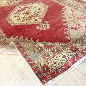 4x12 Red Vintage Turkish Carpet, Hand Knotted Area Rug, 4x12 Wool Rug, Oriental Turkish Rug, Ideal for Living Room Kitchen Dining Room Rug