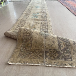 2x13 Antique Vintage Runner, 2x13 Hand Knotted Turkish Runner, Beige Wool Rug Runner,Runner for Entryway,  Stairway Hallway, FT:1.7x13.1