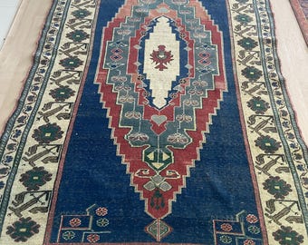 Vintage Navy Blue Red Oushak Rug 5x8 Hand Knotted Wool Turkish Area Rug