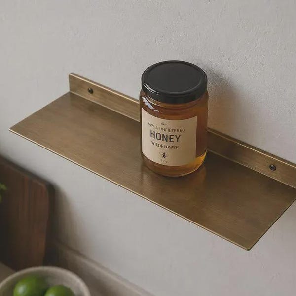 Solid Brass Floating Shelf, Modern Minimalist Wall Ledge, Brushed Gold Vanity Decor