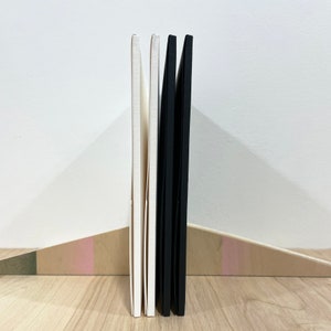 May include: Four notebooks stacked vertically, two white and two black. The notebooks are on a light wood surface.