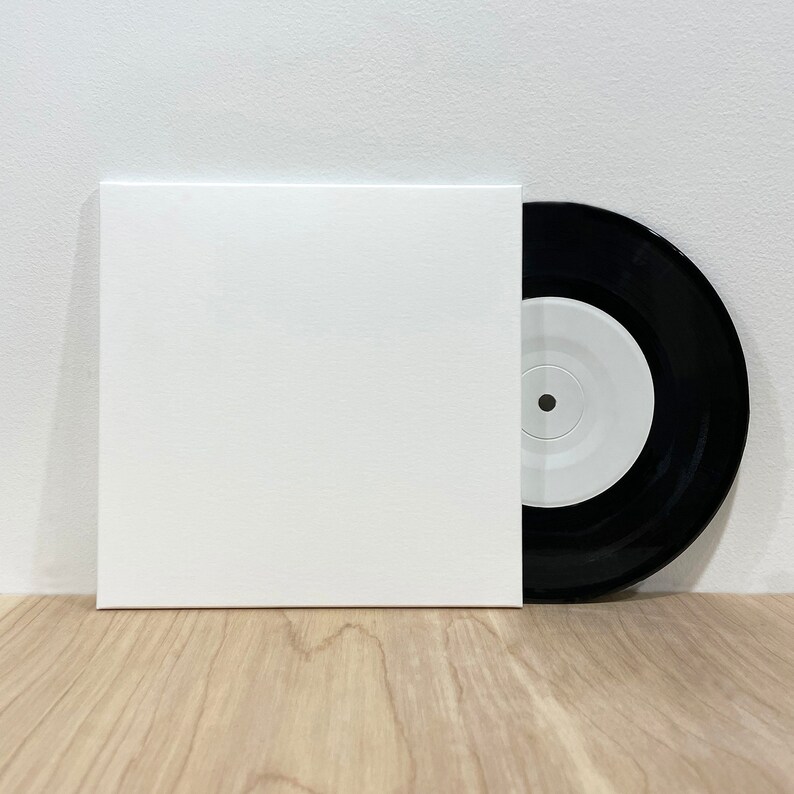 May include: A white square record sleeve with a black and white 45 rpm record inside