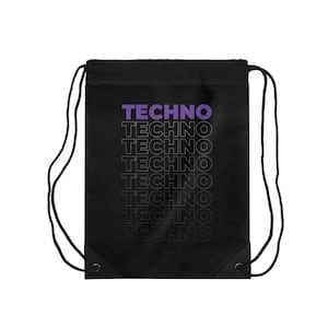 May include: Black drawstring bag featuring the word "TECHNO" in purple, stacked in grey. The bag has black drawstrings and reinforced corners. Ideal for carrying items.