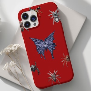 Aesthetic Spider Red Phone Case, Girly Cute Phone Case, Butterfly Spider Iphone 16 15 14 13 Pro Case, Samsung Phone Case, Christmas Gift