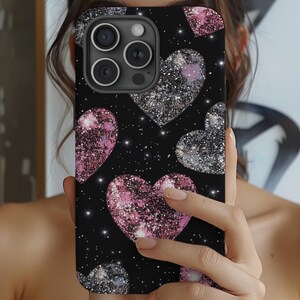 Glittery Black Heart Phone Case, Aesthetic Pink Heart Shape Iphone 16 15 14 13 12 Pro Max Case, Trendy Girly Phone Case, Valentines Day Gift
