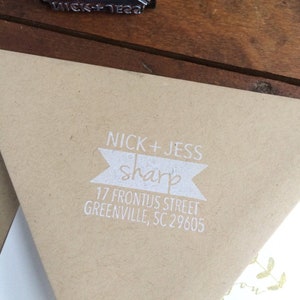 Modern Banner Custom Address Stamp - Rubber Stamp - Wood Handle - Housewarming or Wedding Gift - Personalized - Moving Gift
