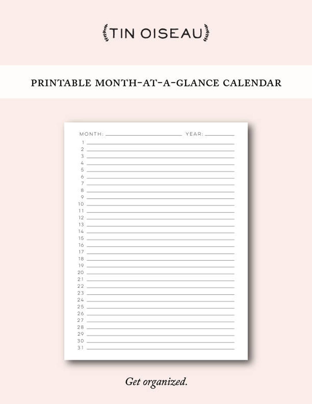 Printable Blank Month at a Glance Monthly Calendar Template, Digital ...