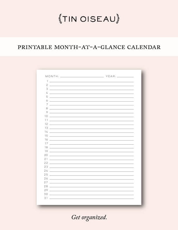 printable blank month at a glance monthly calendar template etsy