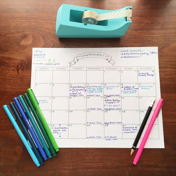 printable blank monthly calendar template hand drawn ribbon etsy
