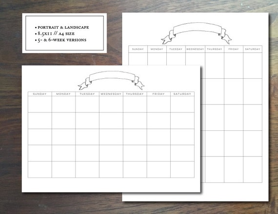 printable blank monthly calendar template hand drawn ribbon etsy
