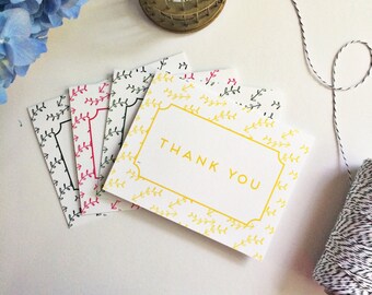Floral Thank You Card Set - Hand Illustrated - Blank Inside Botanical Vines Leaves Woodland Simple Modern Assorted Hand Drawn Branches