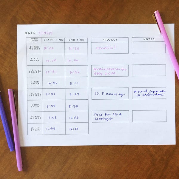 Printable Pomodoro Planner | Simple Minimalist Organizer for Makers | Project Management Time Management