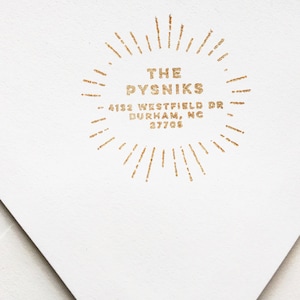 Custom Retro Style Address Stamp Vintage Inspired Rays of Light Rubber Stamp Wood Handle Simple Sophisticated Understated Art Deco