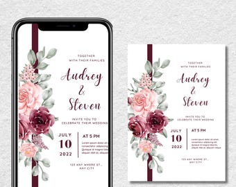 Burgunder Blumenhochzeitseinladungs-Vorlage: Elegantes, bearbeitbares Canva-Design