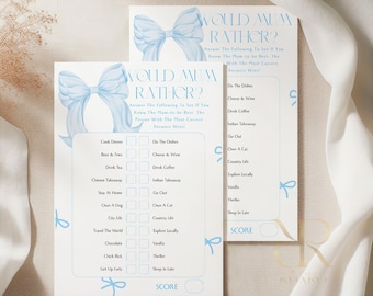Would Mum Rather Baby Shower Game | Blue Bow Theme, A5 Printed