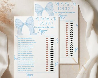 Mummy or Daddy Baby Shower Game | Blue Bow Theme | Baby Boy Party Activity | A5 Printed